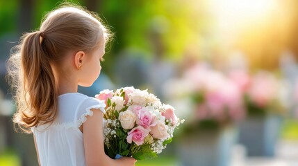 Fototapeta premium Young girl holding a bouquet of flowers in a sunlit garden, AI