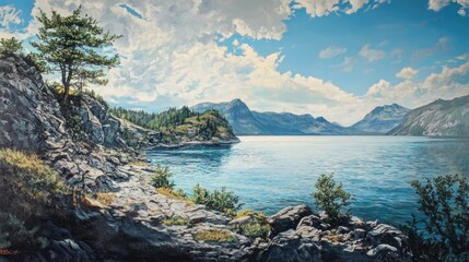 Oil painting depicting a wide panoramic view of a serene body of water surrounded by rugged terrain