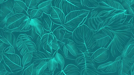 Fototapeta premium Seamless Pattern of Tropical Leaves Tropical Floral Patterns in Mint Jade Leaf Designs Seafoam Outline of Tropical Foliage