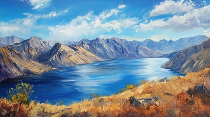 Naklejka premium Oil painting depicting scenic views from the summit of a volcanic mountain range with a serene lake in the foreground