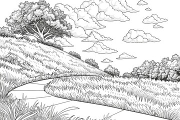 Fototapeta premium Coloring book illustration of a sloping hill featuring scrub oak lush grass a winding sidewalk and a bright sky with fluffy clouds