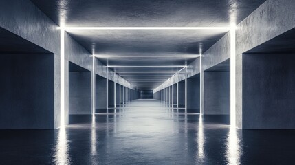 Fototapeta premium Futuristic modern sci fi concrete corridor in an underground setting featuring dark grunge elements and reflective surfaces with glowing accents ideal for a spaceship themed 3D rendering