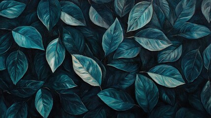 Fototapeta premium Oil painting featuring a collection of dark green leaves creating a textured surface ideal for backgrounds Concepts of nature ecology and environmental sustainability are highlighted