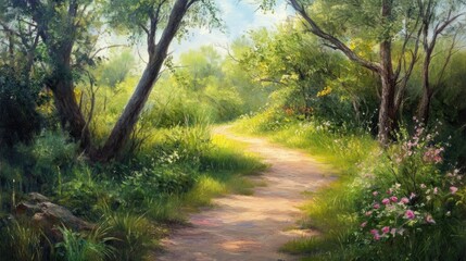 Obraz premium Oil painting depicting a trail through a lush nature reserve showcasing serene landscapes and vibrant flora