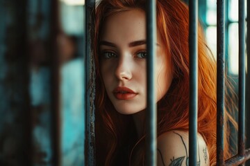 A red-haired woman gazes intensely through jail bars, conveying a strong mix of emotions with a dramatic atmosphere.
