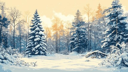 Fototapeta premium Coloring book illustration of snow covered trees in a serene forest after a blizzard Early sunlight illuminating a winter wonderland Panoramic scene