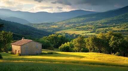 Obraz premium Traditional stone house surrounded by beautiful green hills and landscape