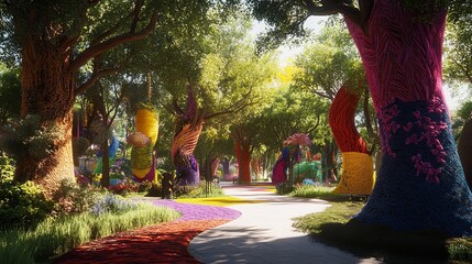 A Whimsical Park Where Trees Are Adorned with Fairy Lights