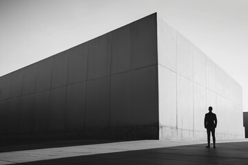 A person stands next to a vast geometric building, casting mysterious shadows in a monochromatic scene.
