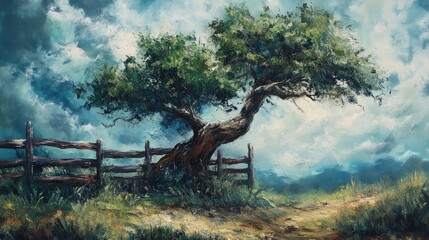 Fototapeta premium Oil painting depicting an old tree intertwined with a fence showcasing the blend of nature and structural elements