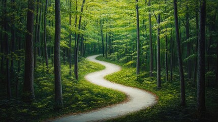 Fototapeta premium Oil painting of a winding path through a lush green beech forest in springtime showcasing vibrant foliage and serene natural beauty