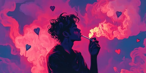 Fototapeta premium A person smoking in pink smoke with hearts.