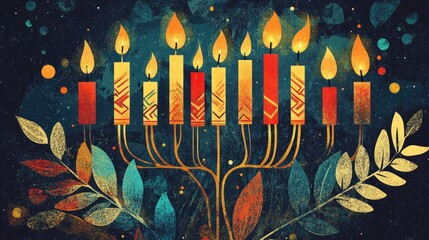 Coloring book illustration of a traditional menorah with lit candles celebrating a festive holiday