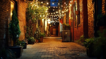 Fototapeta premium Cozy alley with string lights and plants during the evening