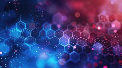 A dynamic digital abstract design featuring hexagons, illuminated by colorful lights and accentuated with twinkling dots.