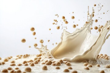 Dynamic milk splash with soybeans against a stark white background, perfect for dairy advertisements.