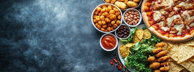 Pizza, nachos, and other snacks on a rustic background.