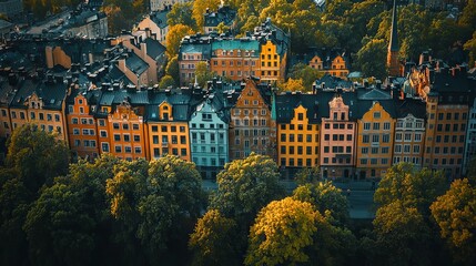 Naklejka premium Colorful row of houses surrounded by trees in an urban area