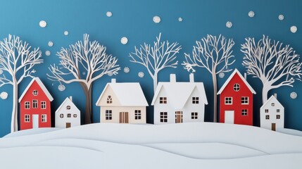 Fototapeta premium Snowy Houses with Abstract Trees and Swirling Shapes
