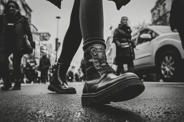 Obraz premium Close-up of a Person's Feet Wearing Black Boots While Walking on a Street