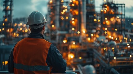 Obraz premium Engineer overseeing operations in an oil refinery at dusk