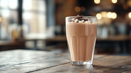 A fancy coffee drink served in a glass, likely at a restaurant setting.