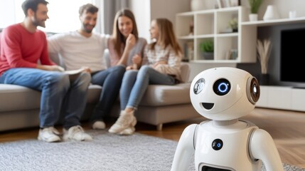 A robotic pet interacting with a family in a modern living room, cozy and tech-enhanced home environment, Family-friendly style