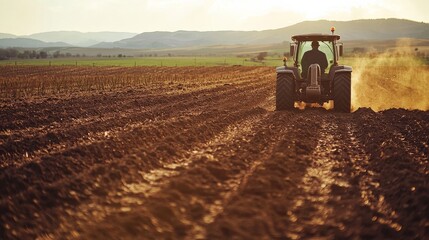 Fototapeta premium A farmer driving a tractor through a field, preparing the soil for planting, highlighting agricultural labor
