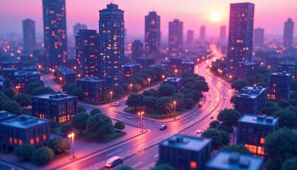 Fototapeta premium Vibrant urban landscape at twilight with skyscrapers and parks in a colorful sunset palette