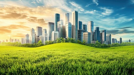 Fototapeta premium Futuristic Cityscape with Lush Green Landscape