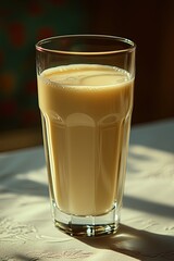 glass of fresh cold milk, smooth texture, placed on a clean white table