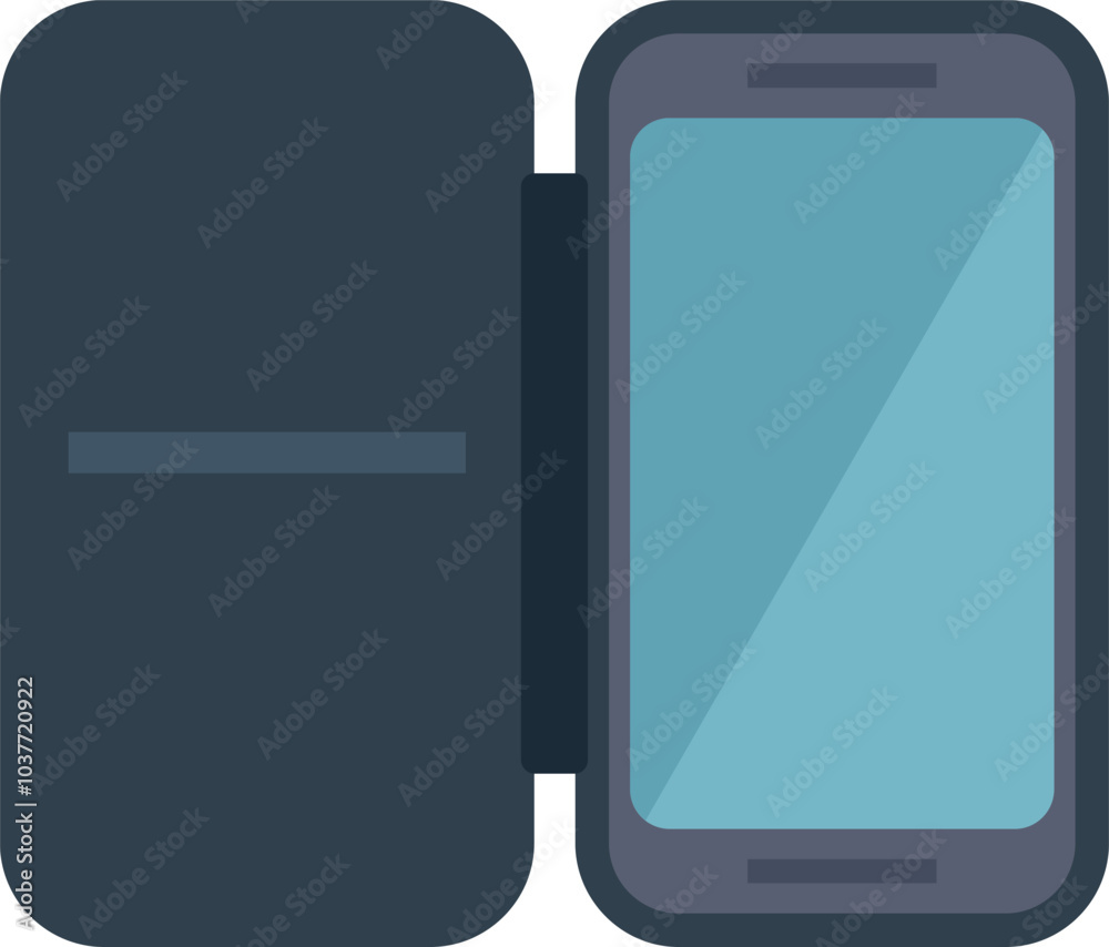 Poster smartphone is showing a blank screen with an open flip case protecting it