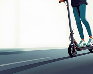電動スクーターに乗っている人物、電動キックボード、フラットなイラスト