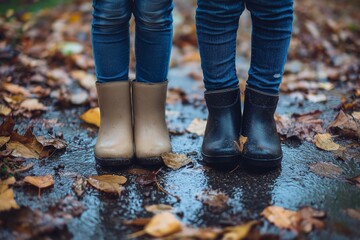 Two children in boots stand on rain-soaked leaves, capturing an autumn moment filled with whimsical charm and colors.