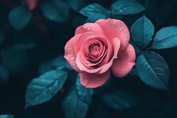 A delicate rose with dewdrops rests amidst deep teal leaves, displaying its beauty.