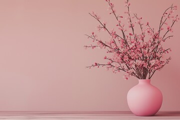 A pink vase holds cherry blossoms against a seamless pink background on a wooden surface.