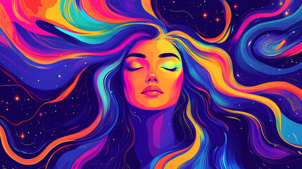 Cosmic Woman with Flowing Hair and Neon Colors