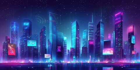 Cyberpunk cityscape with glowing lights.