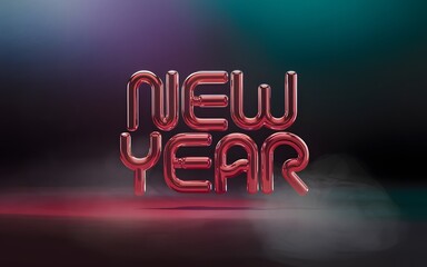 A moody, artistic portrait photograph featuring a modern, abstract logo with red metallic, 3D-effect letters NEW YEAR
