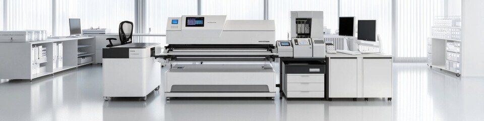 white laboratory with an electronic printing machine, computer, and other equipment on tables.