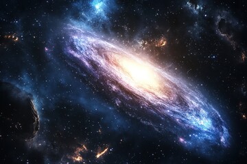 Deep space scene with a distant galaxy and glowing cosmic dust