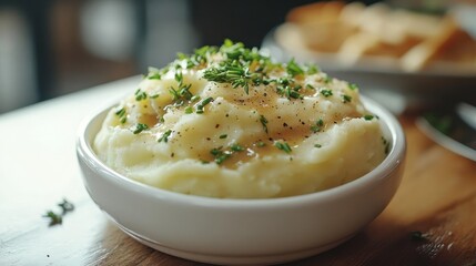 A side of potato salad garnished with chives and a sprinkle of black pepper,