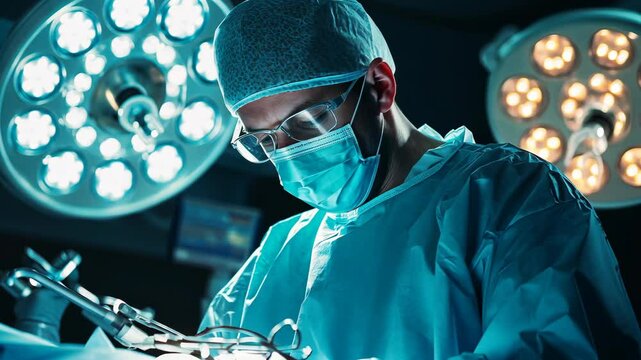 A surgeon performs surgery in an operating room, illuminated by bright lights