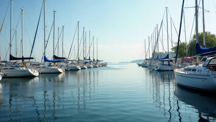 Fototapeta premium A Charming Picture of Sailboats Docked Gracefully at a Picturesque Pitch Amidst Serene Waters