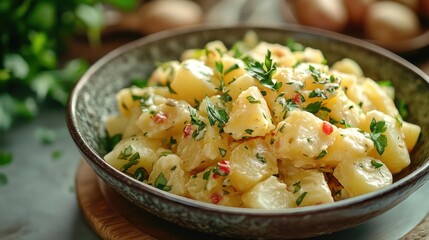 Gourmet potato salad in a bowl, topped with chopped fresh red peppers and sprinkled with herbs.