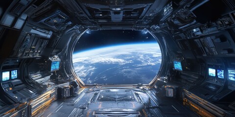 Spaceship interior with view of Earth from window.