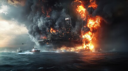 Obraz premium An oil rig blew up and on fire in the ocean