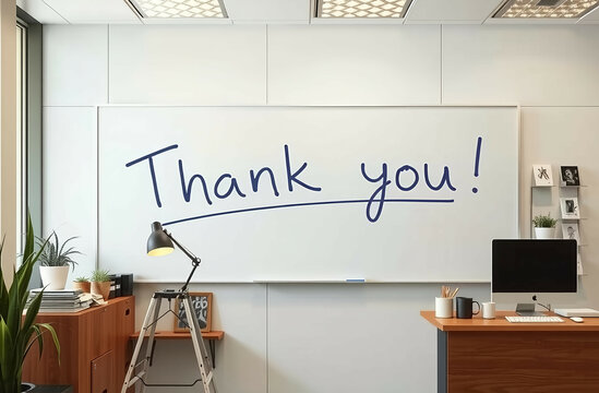 Thank you written on whiteboard at office by the team lead to the team