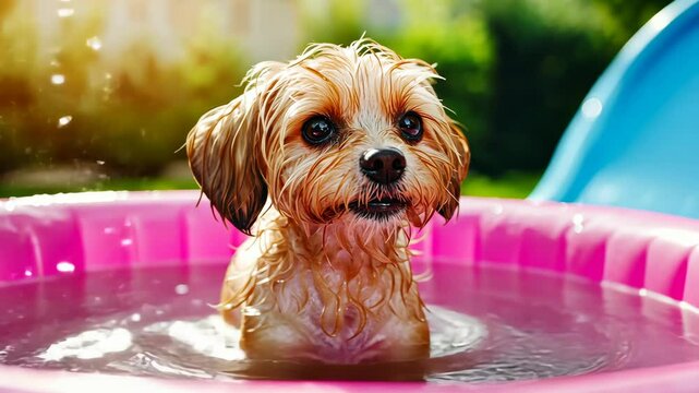 A small, furry dog enjoys a refreshing swim in a pink kiddie pool on a hot summer day