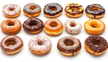 Fried Donuts Assortment: American donuts with various glazes on a white background, perfect for dessert promotions.
